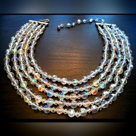 Coro Jewelry - RARE VINTAGE SIGNED CORO AB GLASS 5 STRAND 17" NECKLACE EXCELLENT CONDITION